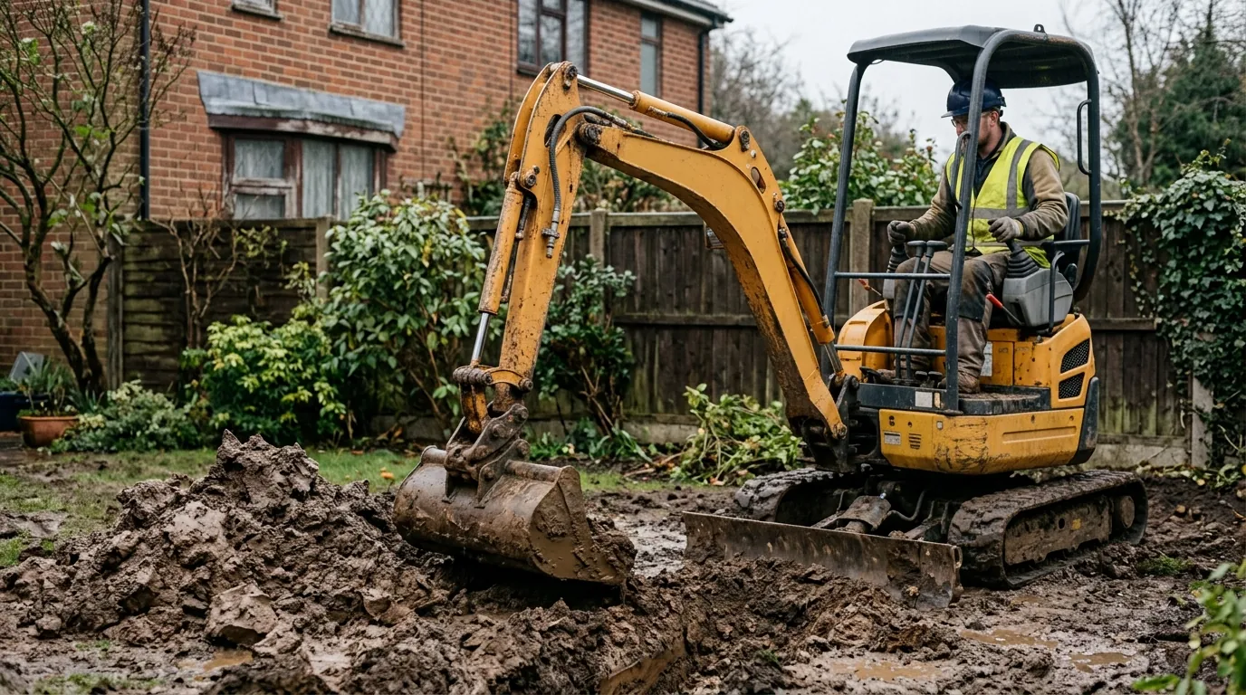 An operator in a hi-vis vest working a 1.5 tonne tracked mini digger in a wet British back garden