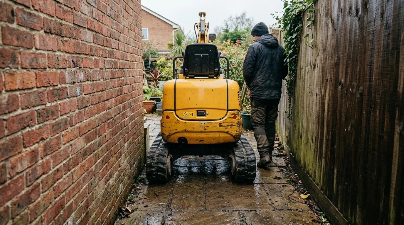 A micro digger being walked through a narrow side passage between a brick house wall and a timber fence